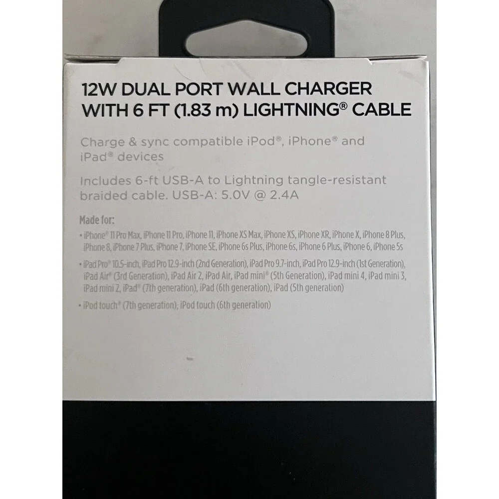 Ativa 12W Dual Port Wall Charger Black w/ 6 ft Tangle-Resistant  Cable